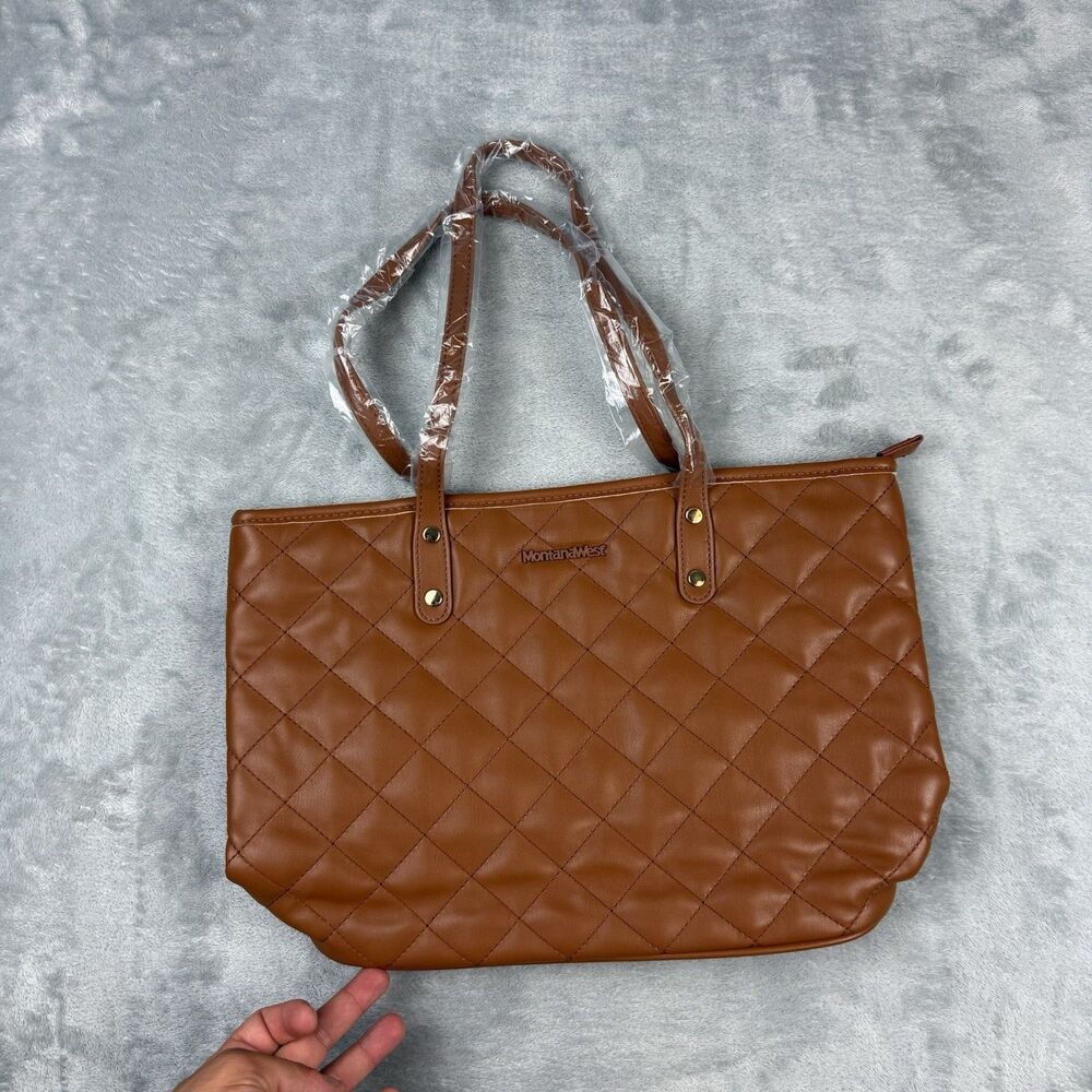 Montana West Quilted Brown Faux Leather Tote Shoulder Bag Zip Top New